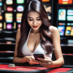 A sexy woman playing slot games on her smartphone, visiting the Djarum4D website