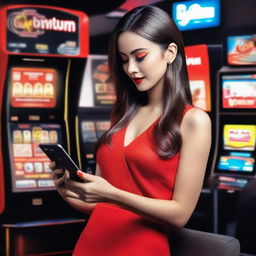 A sexy woman playing slot games on her smartphone, visiting the Djarum4D website