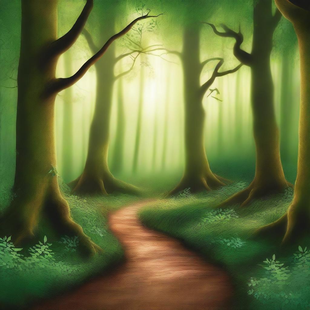 Create a book cover with an enchanting forest scene