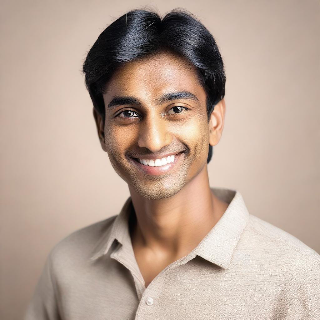 A young Indian man with a thin build and fair skin tone