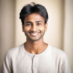 A young Indian man with a thin build and fair skin tone