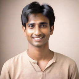 A young Indian man with a thin build and fair skin tone