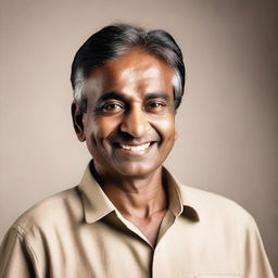 A middle-aged Indian man with a thin build and fair skin tone