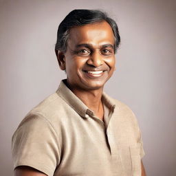 A middle-aged Indian man with a thin build and fair skin tone