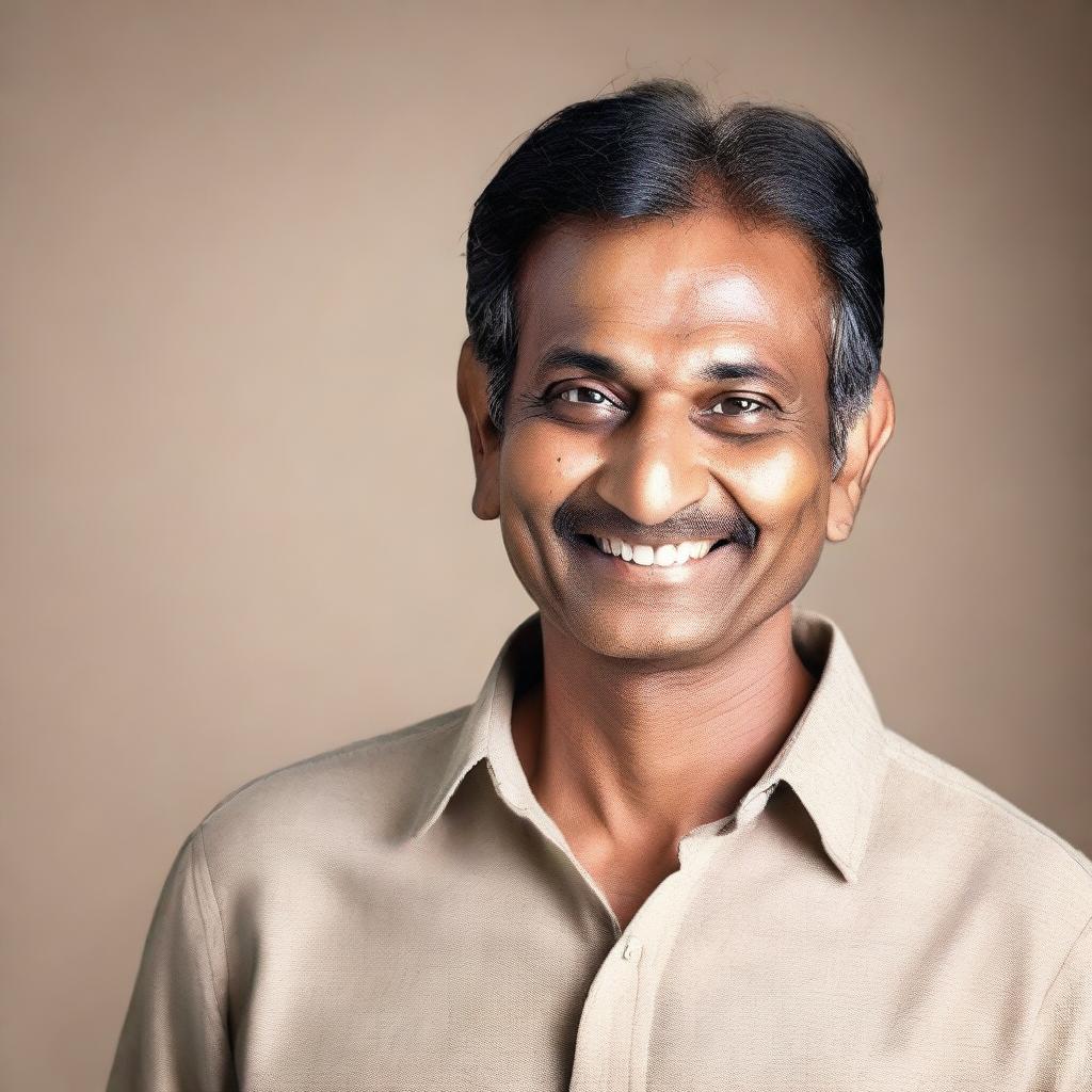 A middle-aged Indian man, appearing five years younger, with a thin build and fair skin tone