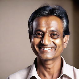 A middle-aged Indian man, appearing five years younger, with a thin build and fair skin tone