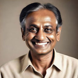 A middle-aged Indian man, appearing five years younger, with a thin build and fair skin tone