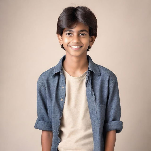 A teenage Indian boy with a thin build and fair skin tone