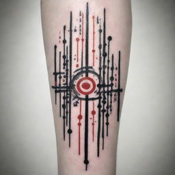 An abstract tattoo design inspired by Andrew Tate's teachings and The Matrix. Visualize the concept of awareness and freedom using symbols from the Matrix – a broken code, an unplugged cable, and the red pill – combined with representations of success, courage, and discipline from Tate's philosophy.