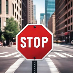 A vibrant and dynamic stop sign with bold letters, placed in a lively urban environment