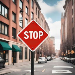 A vibrant and dynamic stop sign with bold letters, placed in a lively urban environment