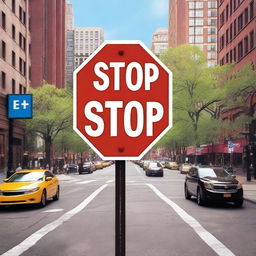 A vibrant and dynamic stop sign with bold letters, placed in a lively urban environment