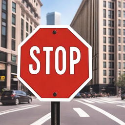 A vibrant and dynamic stop sign with bold letters, placed in a lively urban environment