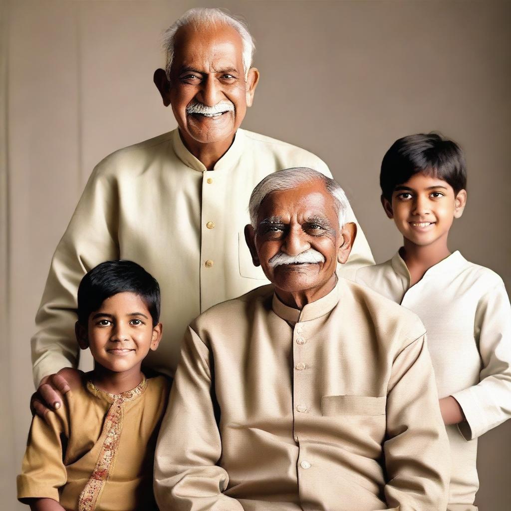 An elderly Indian man with a kind and wise expression, dressed in traditional Indian clothing