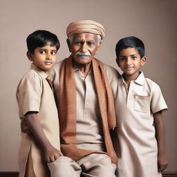 An elderly Indian man with a kind and wise expression, dressed in traditional Indian clothing