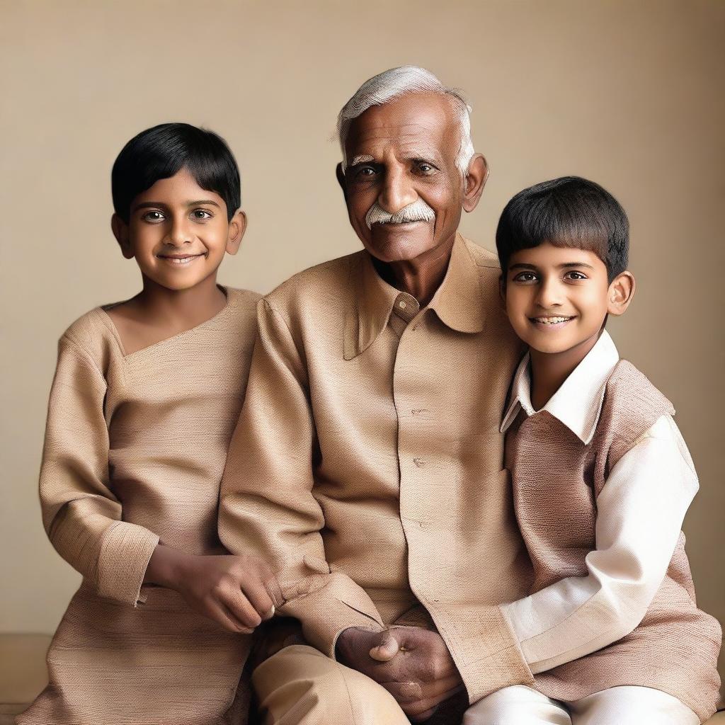 An elderly Indian man with a kind and wise expression, dressed in traditional Indian clothing