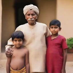 An elderly Indian man with a kind and wise expression, dressed in traditional Indian clothing