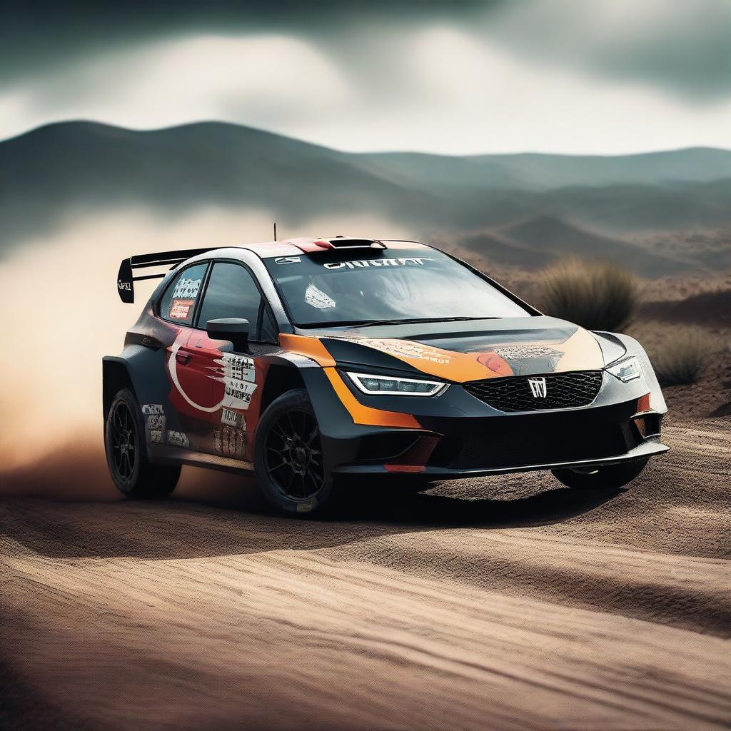 A high-resolution image of a Cupra WRC car racing on a rugged off-road track