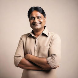 An Indian man in his mid-40s, dressed in casual clothing, with a warm and approachable expression