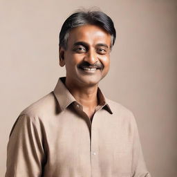 An Indian man in his mid-40s, dressed in casual clothing, with a warm and approachable expression