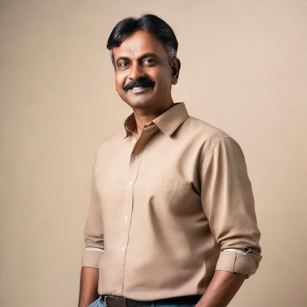 An Indian man in his mid-40s, dressed in casual clothing, with a warm and approachable expression