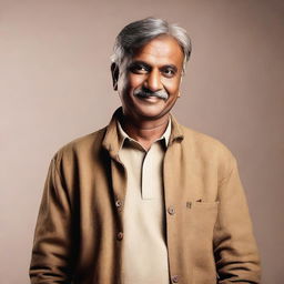 An Indian man in his late 50s, dressed in casual clothing, with a warm and approachable expression