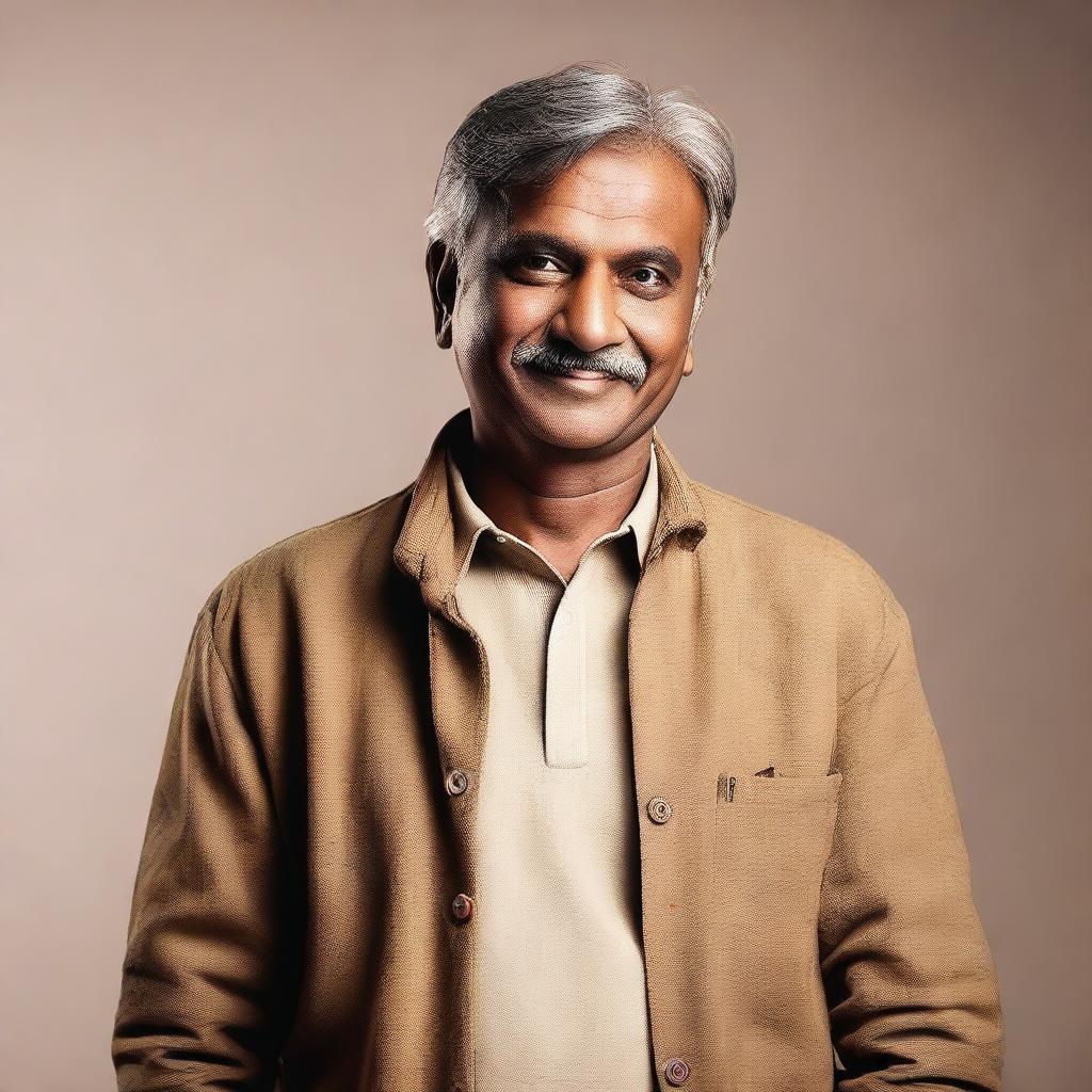 An Indian man in his late 50s, dressed in casual clothing, with a warm and approachable expression