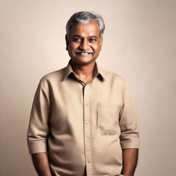 An Indian man in his late 50s, dressed in casual clothing, with a warm and approachable expression