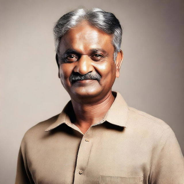 An Indian man in his late 50s, dressed in casual clothing, with a warm and approachable expression