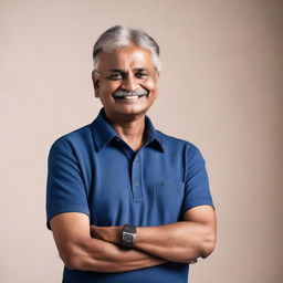 An Indian man in his late 50s, dressed in casual clothing, with a warm and approachable expression