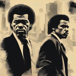 Create a movie poster for a film about two hitmen (Jules Winnfield and Vincent Vega), a boxer, a crime boss, and others who meet their fate over two days in three interconnected stories of violence and chaos