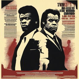 Create a movie poster for a film about two hitmen (Jules Winnfield and Vincent Vega), a boxer, a crime boss, and others who meet their fate over the course of two days in three interwoven tales of violence and chaos