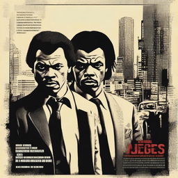 Create a movie poster for a film about two hitmen (Jules Winnfield and Vincent Vega), a boxer, a crime boss, and others who meet their fate over the course of two days in three interwoven tales of violence and chaos