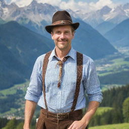 Portrait of a man with traditional German clothing, including a hat with a feather, lederhosen and checkered shirt, with the Bavarian Alps in the background.