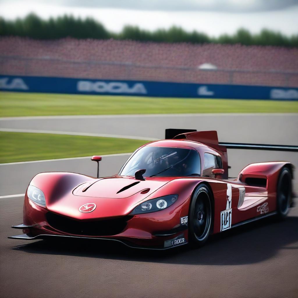 A high-resolution image of a Mazda Le Mans car racing on the iconic Le Mans circuit