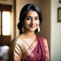 A beautiful Indian woman in her early 30s, dressed in traditional Indian attire such as a saree