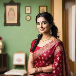 A beautiful Indian woman in her early 30s, dressed in traditional Indian attire such as a saree