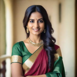 A beautiful Indian woman in her early 30s, dressed in traditional Indian attire such as a saree