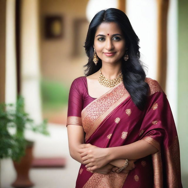 A beautiful Indian woman in her early 30s, dressed in traditional Indian attire such as a saree