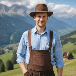 Portrait of a man with traditional German clothing, including a hat with a feather, lederhosen and checkered shirt, with the Bavarian Alps in the background.