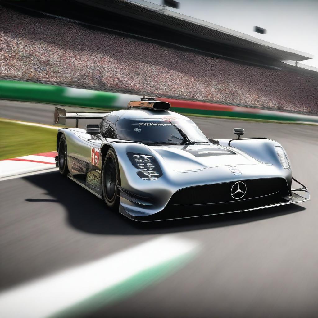 A high-resolution image of a Mercedes Le Mans car racing on the iconic Le Mans circuit