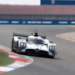 A high-resolution image of a Mercedes Le Mans car racing on the iconic Le Mans circuit