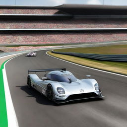 A high-resolution image of a Mercedes Le Mans car racing on the iconic Le Mans circuit