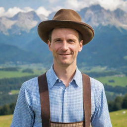 Portrait of a man with traditional German clothing, including a hat with a feather, lederhosen and checkered shirt, with the Bavarian Alps in the background.