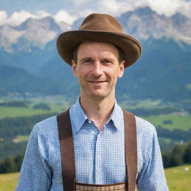 Portrait of a man with traditional German clothing, including a hat with a feather, lederhosen and checkered shirt, with the Bavarian Alps in the background.