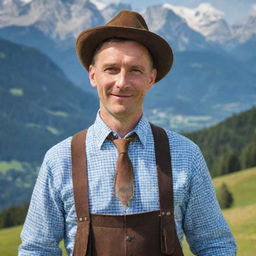 Portrait of a man with traditional German clothing, including a hat with a feather, lederhosen and checkered shirt, with the Bavarian Alps in the background.