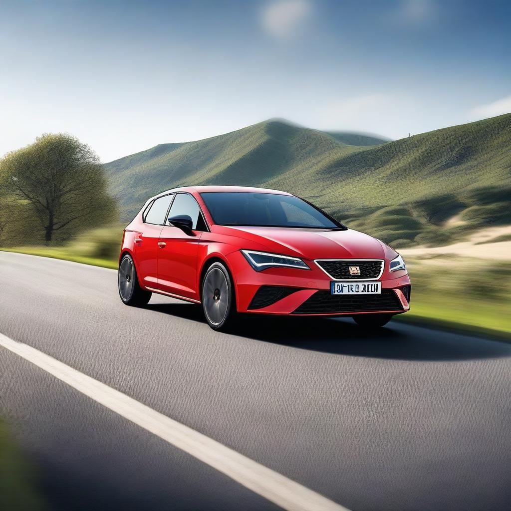 A high-resolution image of a SEAT Leon car driving on a scenic road