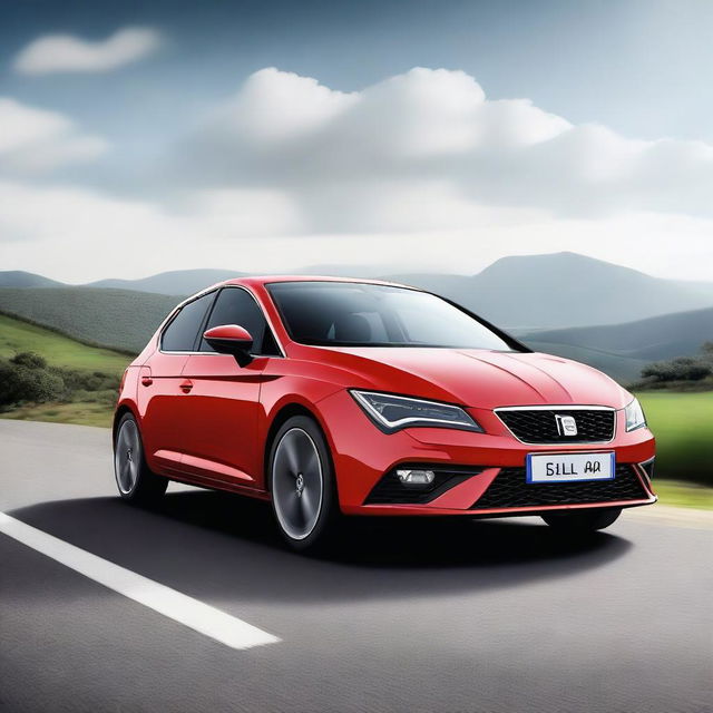 A high-resolution image of a SEAT Leon car driving on a scenic road