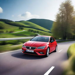 A high-resolution image of a SEAT Leon car driving on a scenic road