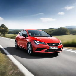 A high-resolution image of a SEAT Leon car driving on a scenic road